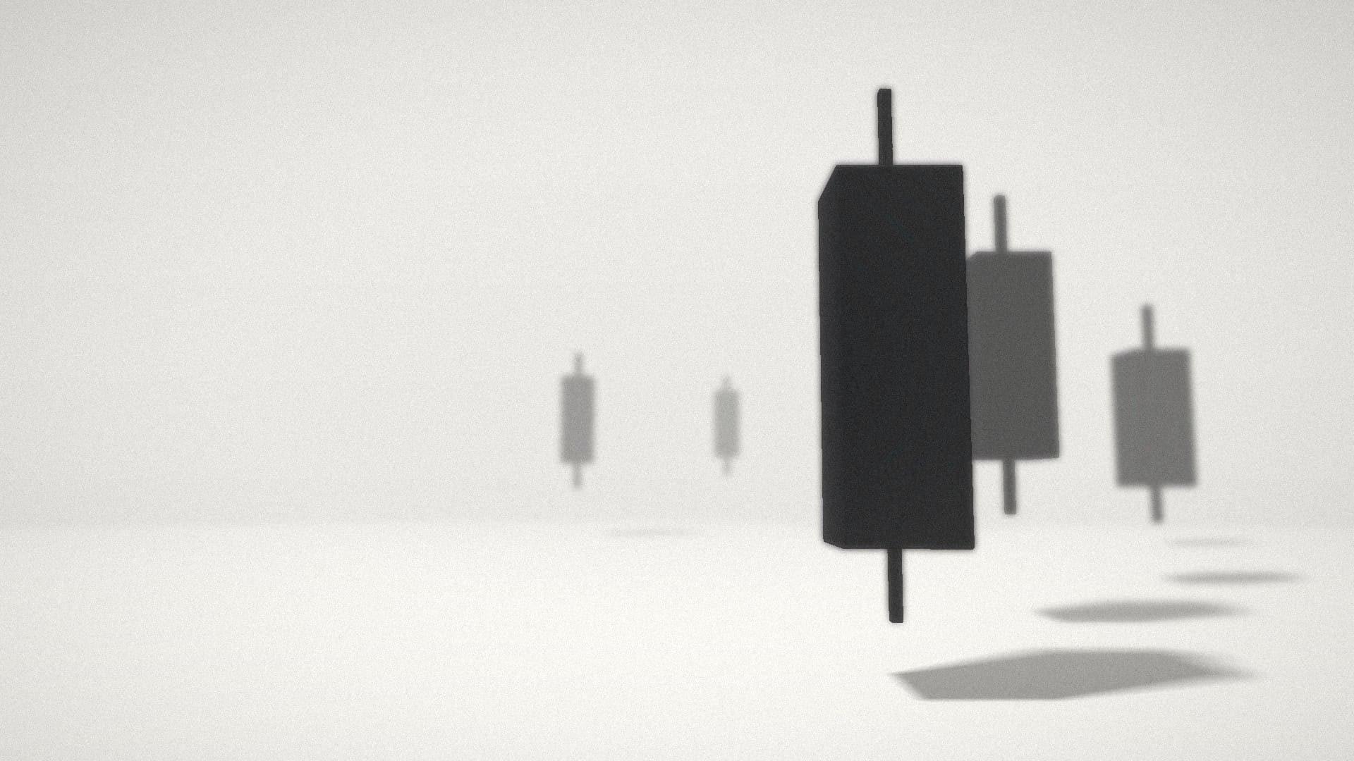 Matte black candlestick monoliths floating over a fog-white floor