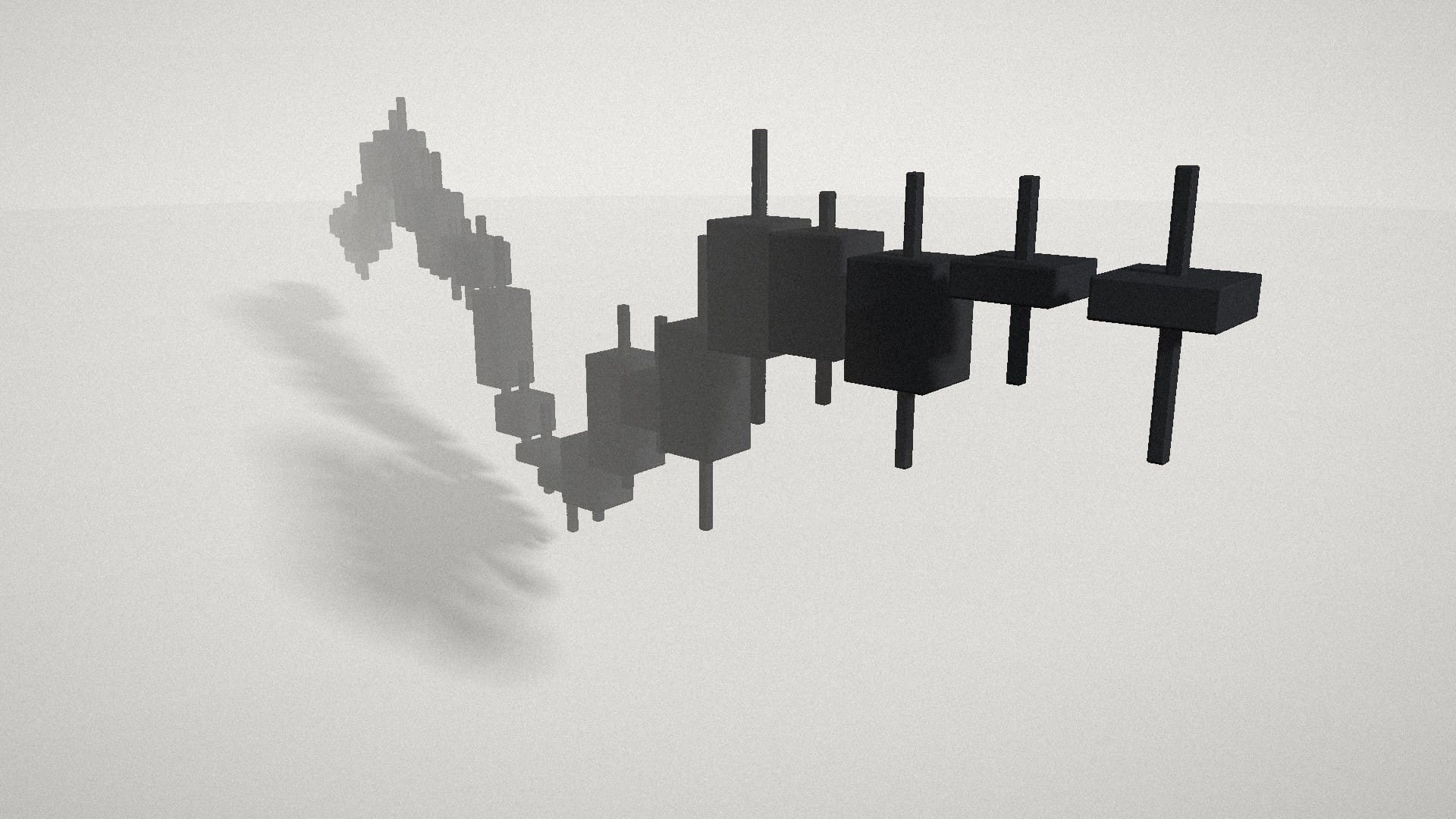 A candlestick series rendered as floating monoliths, receding into fog